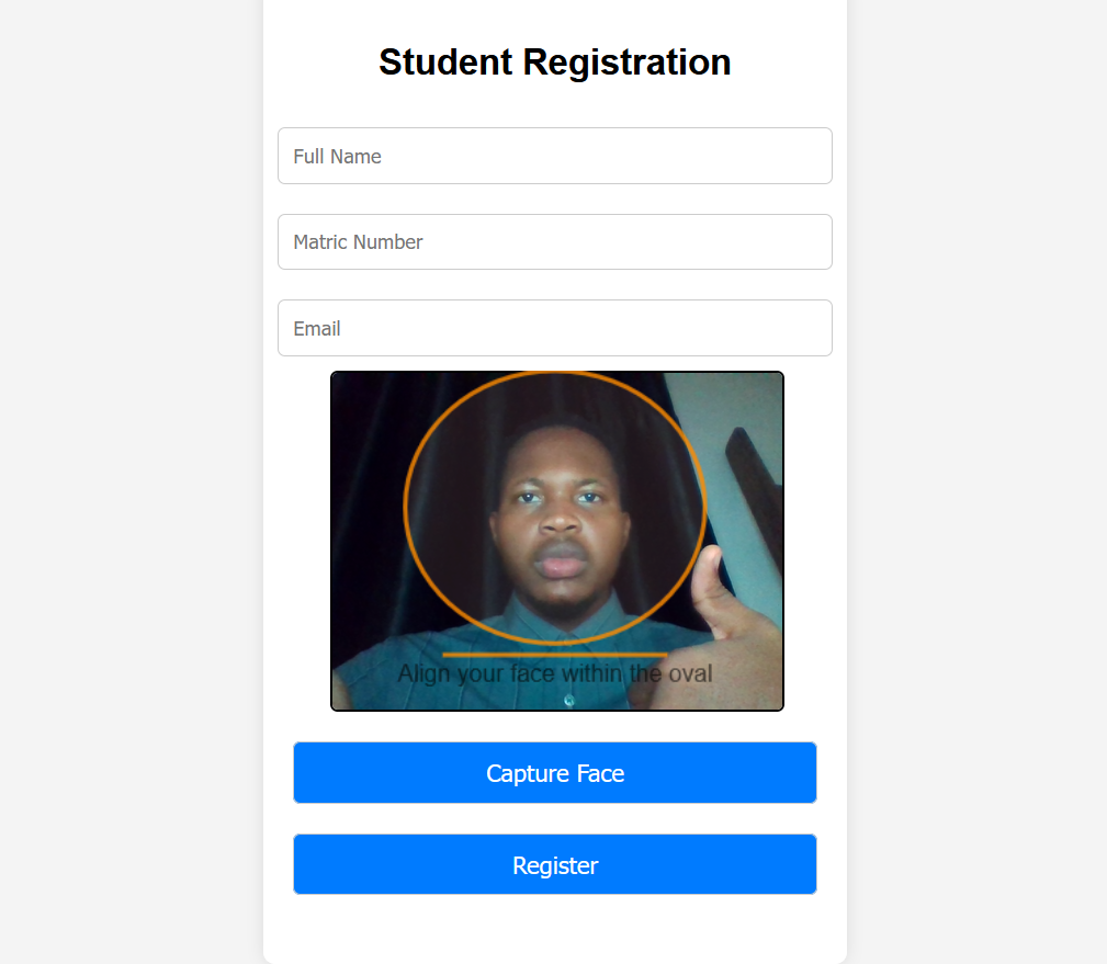 Student registration UI — Face Attendance System (front-end form screenshot)